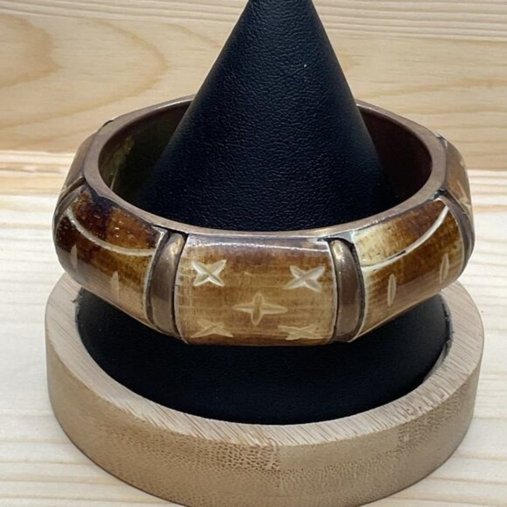 Handcrafted Carved Bangle Bracelet Tribal-Inspired Design & Brown-Tone Finish